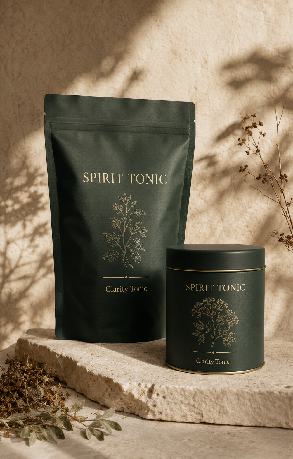 Clarity Tonic pouch and tin in a botanical apothecary setting