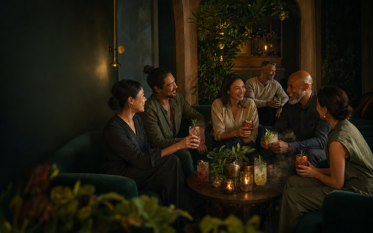 Friends gathering over botanical tonic drinks in an intimate lounge