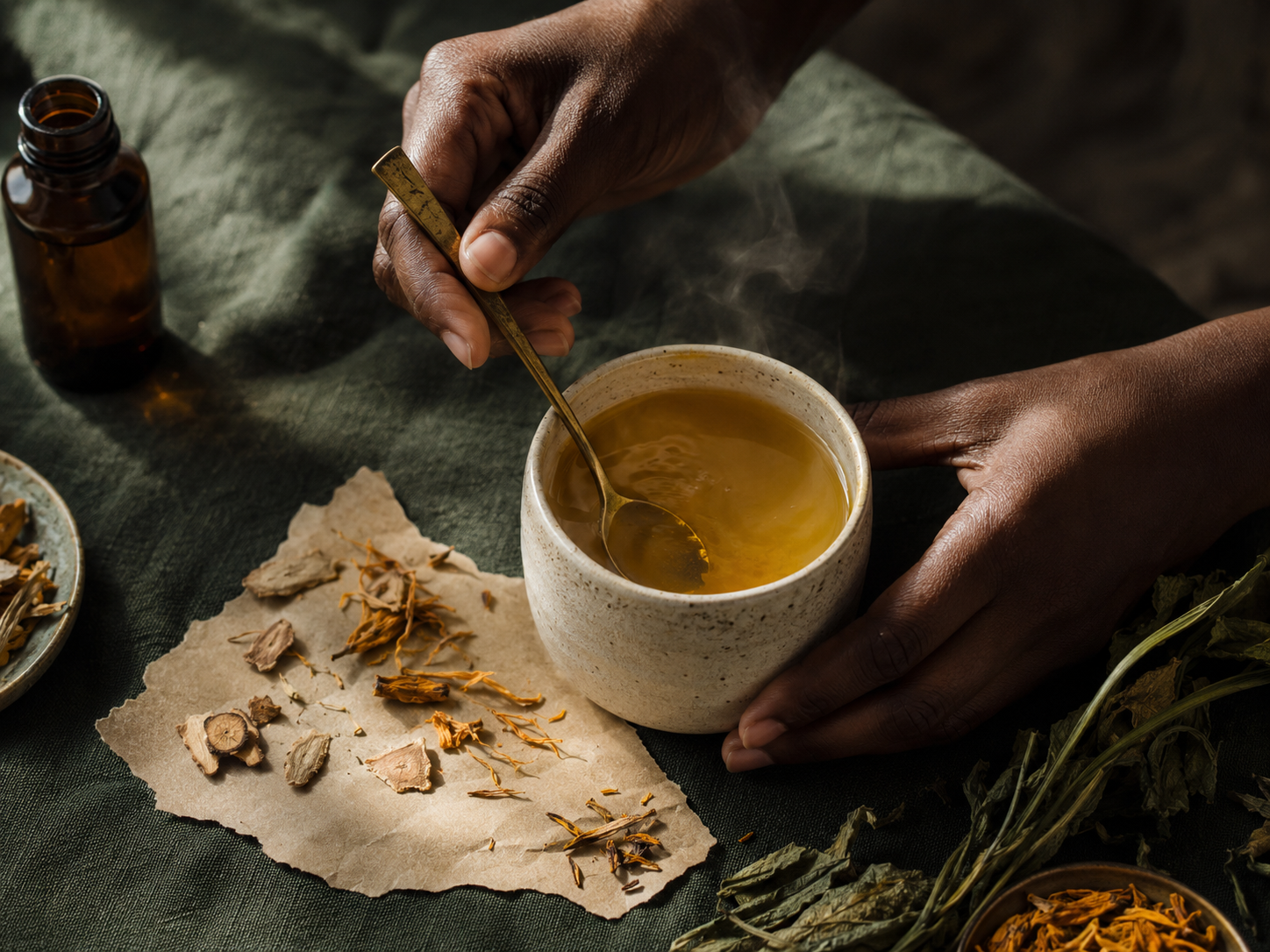 Hands stirring a warm golden tonic in a ceramic cup